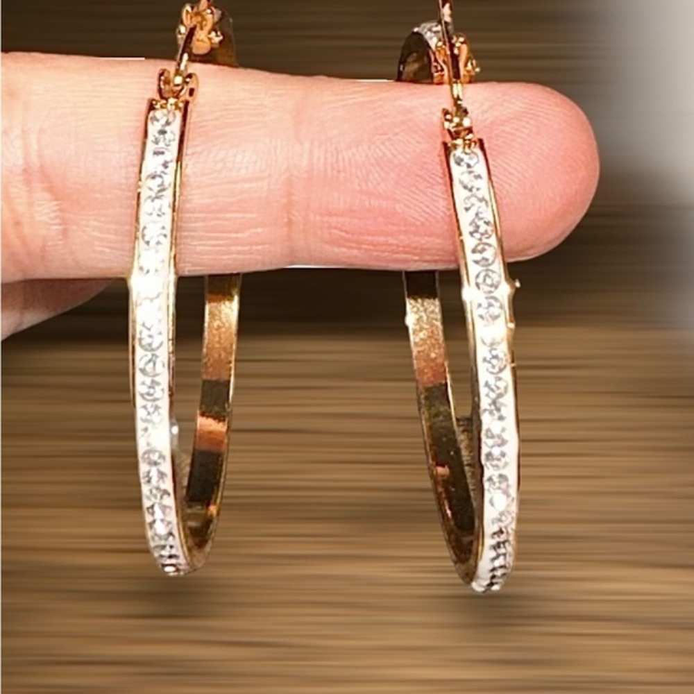- 18k Gold Hoop Earring large 50mm diamond crystal